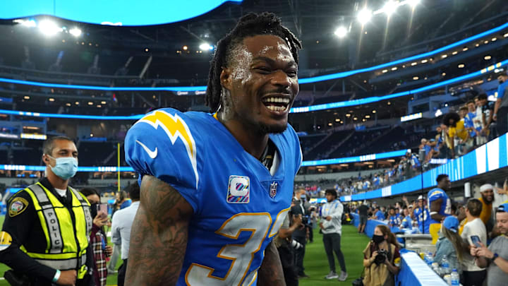 Oct 4, 2021; Inglewood, California, USA; Los Angeles Chargers free safety Derwin James (33) reacts after defeating the Las Vegas Raiders at SoFi Stadium. Mandatory Credit: Kirby Lee-Imagn Images