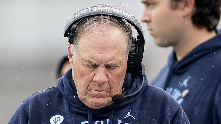 Aug 29, 2026; Dublin, Co. Dublin, IRL; North Carolina Tar Heels head coach Bill Belichick against the TCU Horned Frogs in the first half at Aviva Stadium. Mandatory Credit: Laszlo Geczo-Imagn Images