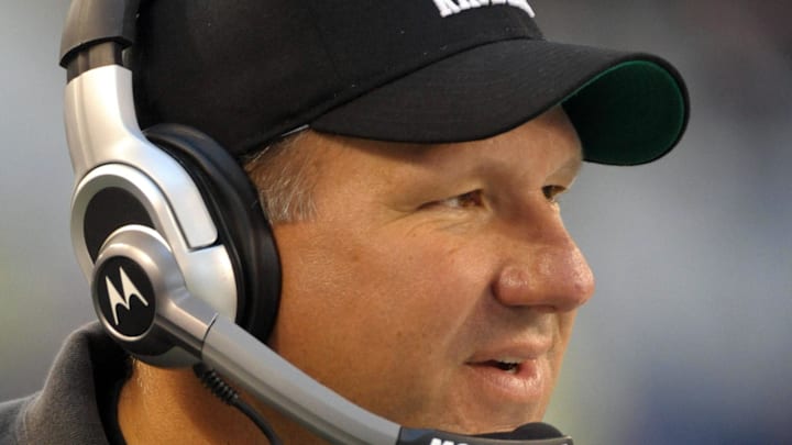 Nov 26, 2009; Arlington, TX, USA; Oakland Raiders offensive line coach Jim Michalczik watches from Nov 26, 2009; Arlington, TX, USA; Oakland Raiders offensive line coach Jim Michalczik watches from