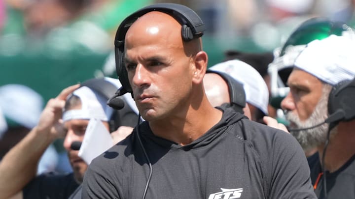 East Rutherford, NJ -- August 10, 2024 -- Jets head coach Robert Saleh in the first half as the Washington Commanders came to MetLife Stadium to play the New York Jets in the first preseason game of the 2024 season.