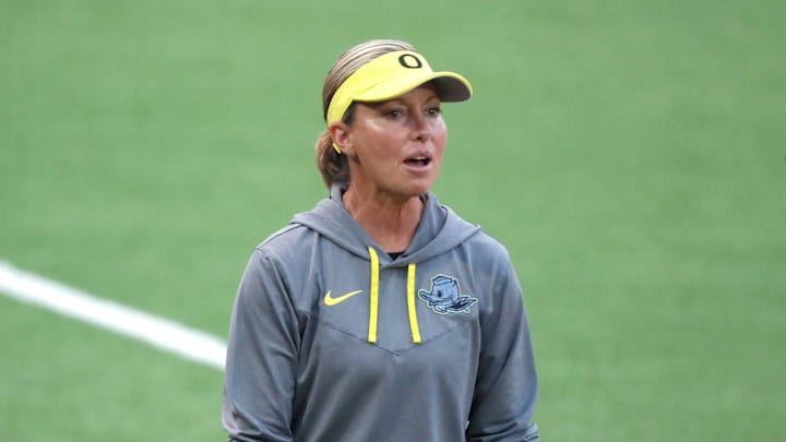 Oregon coach Melyssa Lombardi during a game between the Oklahoma State Cowgirls (OSU) and the Oregon Ducks in the Stillwater Super Regional of the NCAA softball tournament in Stillwater, Okla., Thursday, May 25, 2023.