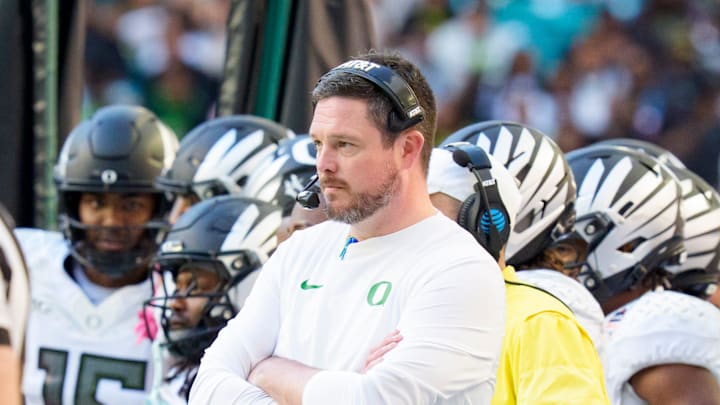Oregon head coach Dan Lanning watches from the sideline as the Oregon Ducks take on the Texas Tech Red Raiders in the Orange Bowl on Jan. 1, 2026, at Hard Rock Stadium in Miami, Florida. Oregon head coach Dan Lanning watches from the sideline as the Oregon Ducks take on the Texas Tech Red Raiders in the Orange Bowl on Jan. 1, 2026, at Hard Rock Stadium in Miami, Florida.