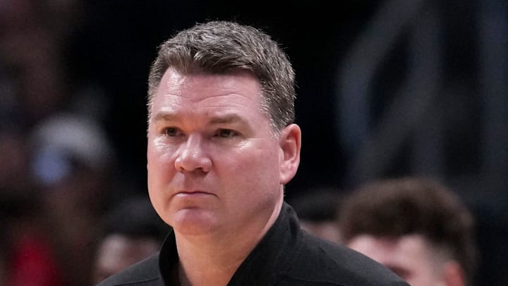 Arizona Wildcats head coach Tommy Lloyd watches during a NCAA Tournament game against the Purdue Boilermakers on Saturday, March 28, 2026 at SAP Center in San Jose, Calif. Purdue fell to Arizona 79-64.