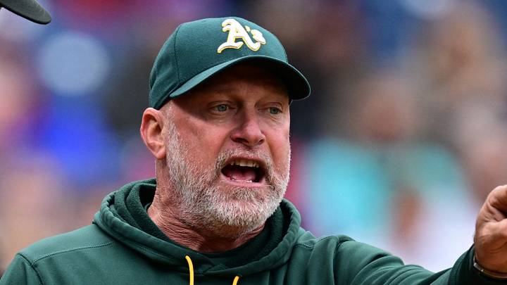 Sep 20, 2026; Cleveland, Ohio, USA; Athletics manager Mark Kotsay (7) argues with umpire Jordan Baker (71) during the fourth inning against the Cleveland Guardians at Progressive Field. Mandatory Credit: David Dermer-Imagn Images Sep 20, 2026; Cleveland, Ohio, USA; Athletics manager Mark Kotsay (7) argues with umpire Jordan Baker (71) during the fourth inning against the Cleveland Guardians at Progressive Field. Mandatory Credit: David Dermer-Imagn Images