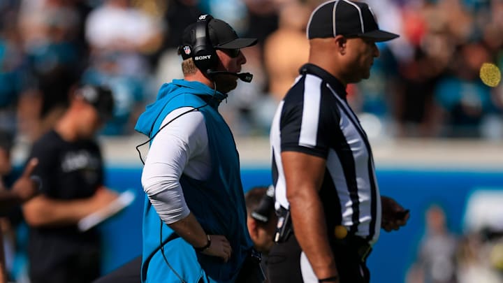 Jacksonville Jaguars head coach Liam Coen looks on during the fourth quarter of an NFL football matchup at EverBank Stadium, Sunday, Sept. 21, 2025, in Jacksonville, Fla. The Jaguars defeated the Texans 17-10.
