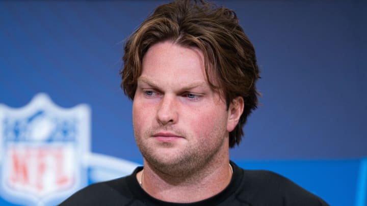 Feb 28, 2026; Indianapolis, IN, USA; Clemson offensive lineman Blake Miller (OL35) speaks to members of the media during the NFL Combine at the Indiana Convention Center. Mandatory Credit: Jacob Musselman-Imagn Images