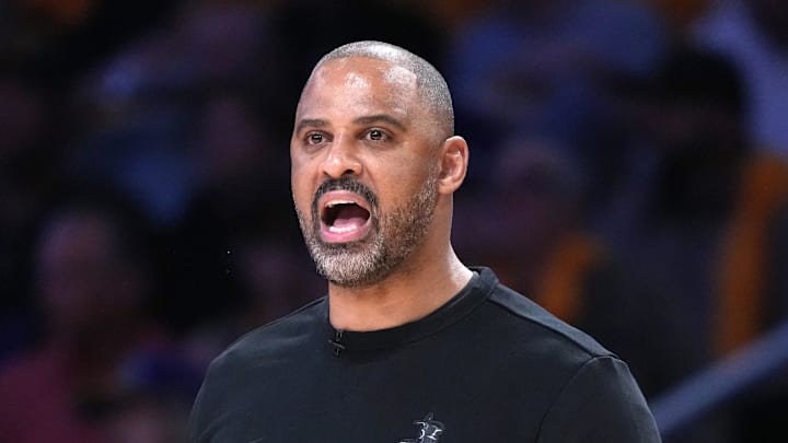 Apr 18, 2026; Los Angeles, California, USA; Houston Rockets head coach Ime Udoka watches in the first half against the Los Angeles Lakers during game one of the first round of the 2026 NBA Playoffs at Crypto.com Arena. Mandatory Credit: Kirby Lee-Imagn Images