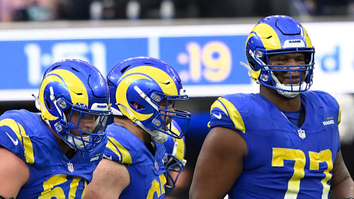 Oct 20, 2024; Inglewood, California, USA; Los Angeles Rams guard Kevin Dotson (69), Los Angeles Rams center Beaux Limmer (50), Los Angeles Rams guard Justin Dedich (67) and Los Angeles Rams offensive tackle Alaric Jackson (77) during the fourth quarter against the Las Vegas Raiders  at SoFi Stadium. Mandatory Credit: Robert Hanashiro-Imagn Images