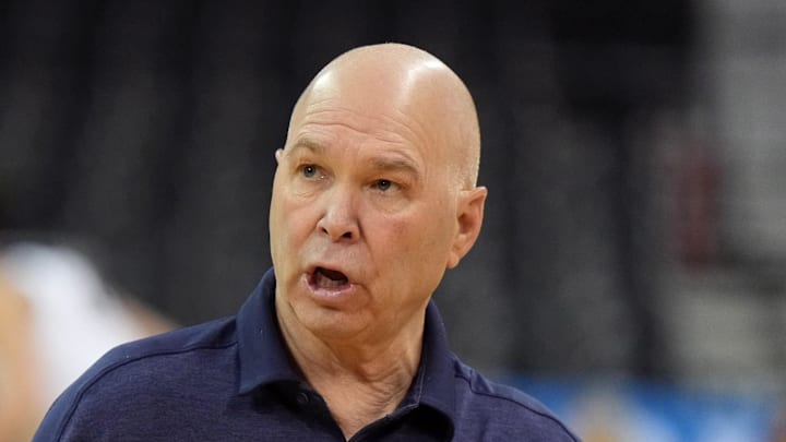 Mar 21, 2024; Spokane, WA, USA; St. Mary's Gaels coach Randy Bennett holds a basketball during practice at Spokane Veterans Memorial Arena. Mandatory Credit: Kirby Lee-Imagn Images