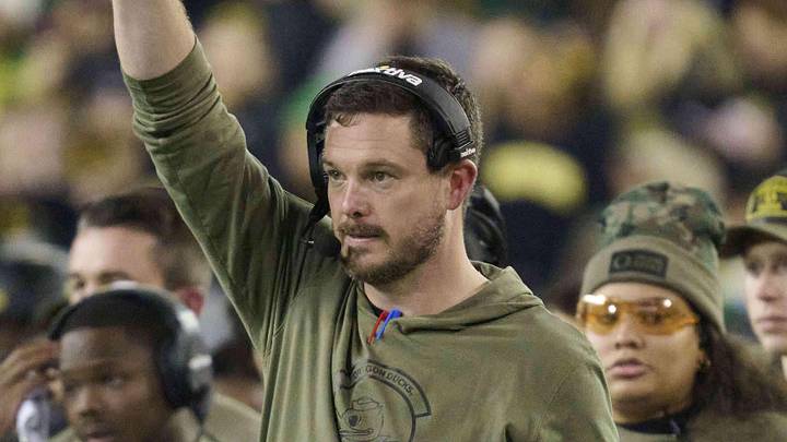 Nov 11, 2023; Eugene, Oregon, USA; Oregon Ducks head coach Dan Lanning signals to his defense during the first half against the USC Trojans at Autzen Stadium. Mandatory Credit: Troy Wayrynen-Imagn Images