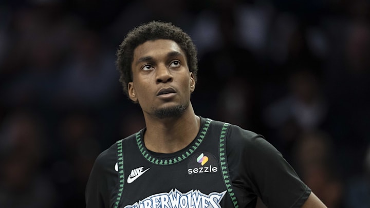 Oct 29, 2025; Minneapolis, Minnesota, USA; Minnesota Timberwolves forward Jaden McDaniels (3) looks on against the Los Angeles Lakers in the second half at Target Center. Mandatory Credit: Jesse Johnson-Imagn Images