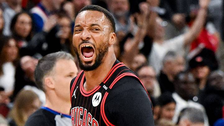 Oct 28, 2026; Chicago, Illinois, USA;  Chicago Bulls guard Norman Powell (24) reacts after sinking a three point basket against the New York Knicks during the second half at United Center.  Mandatory Credit: Matt Marton-Imagn Images