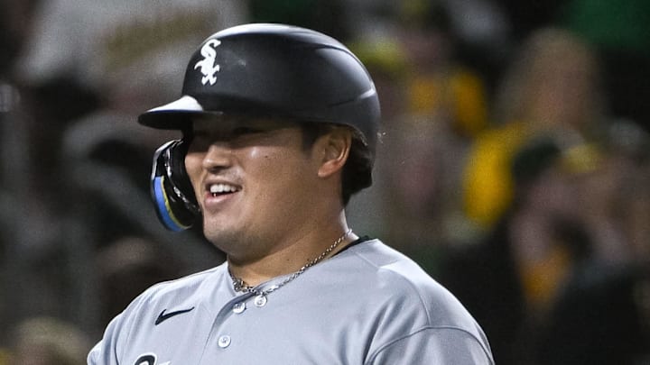 Apr 17, 2026; West Sacramento, California, USA; Chicago White Sox third baseman Munetaka Murakami (5) celebrates with left fielder Andrew Benintendi (23) after hitting a grand slam against the Athletics during the seventh inning at Sutter Health Park. Mandatory Credit: Ed Szczepanski-Imagn Images