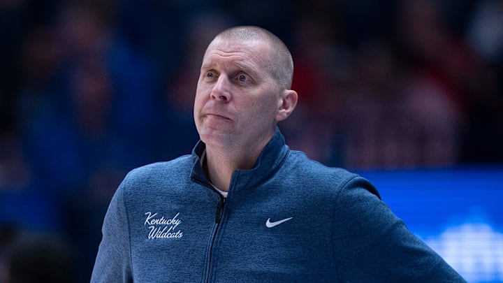 Kentucky coach Mark Pope works the sideline against Florida during their quarterfinal game of the 2026 SEC Men’s Basketball Tournament at Bridgestone Arena in Nashville, Tenn., Friday, March 13, 2026.