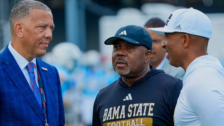SWAC Commissioner Charles McClelland, left, talks with Alabama State University President Quinton Ross, Jr., and Alabama State University head coach Eddie Robinson, Jr., before the Birmingham Classic at Legion Field in Birmingham, Ala., on Saturday August 29, 2026.