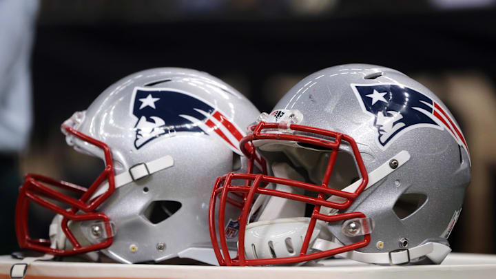 Aug 22, 2015; New Orleans, LA, USA; A pair of New England Patriots helmets on the bench in the second half of their game against the New Orleans Saints at Mercedes-Benz Superdome. The Patriots won, 26-24.Mandatory Credit: Chuck Cook-Imagn Images