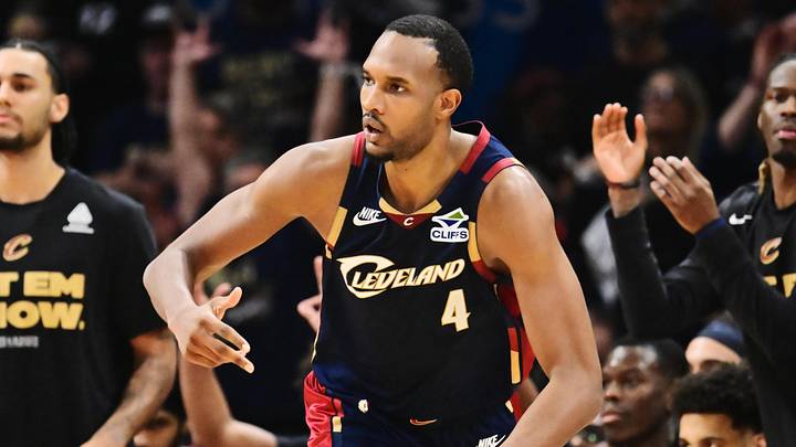 May 15, 2026; Cleveland, Ohio, USA; Cleveland Cavaliers center Evan Mobley (4) celebrates after hitting a three point basket against the Detroit Pistons during the second half in game six of the second round of the 2026 NBA Playoffs at Rocket Arena. Mandatory Credit: Ken Blaze-Imagn Images