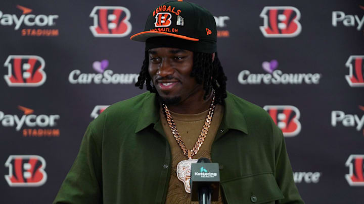 Cincinnati Bengals first-round draft pick Shemar Stewart speaks during a press conference.