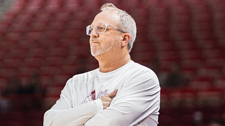 Arkansas Razorbacks coach Mike Neighbors looks on from the sideline against Alabama inside Bud Walton Arena. Alabama won 94-62. 