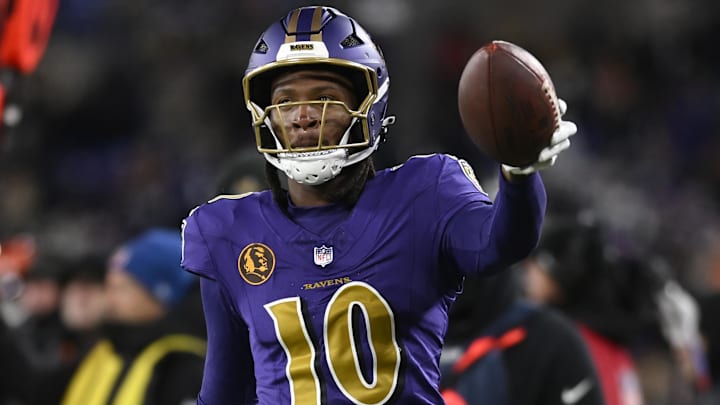 Nov 27, 2025; Baltimore, Maryland, USA; Baltimore Ravens wide receiver DeAndre Hopkins (10) reacts after making a catch against the Cincinnati Bengals during the second half at M&T Bank Stadium. Mand