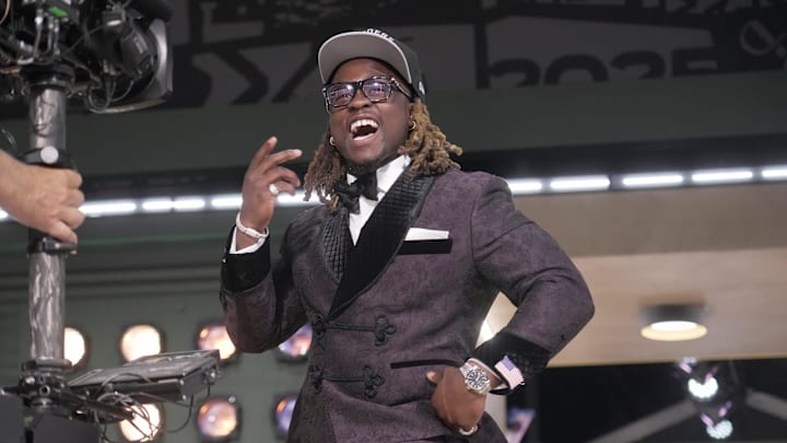 Ashton Jeanty poses after being selected sixth overall by the Las Vegas Raiders in the 2025 NFL Draft at Lambeau Field. Ashton Jeanty poses after being selected sixth overall by the Las Vegas Raiders in the 2025 NFL Draft at Lambeau Field.