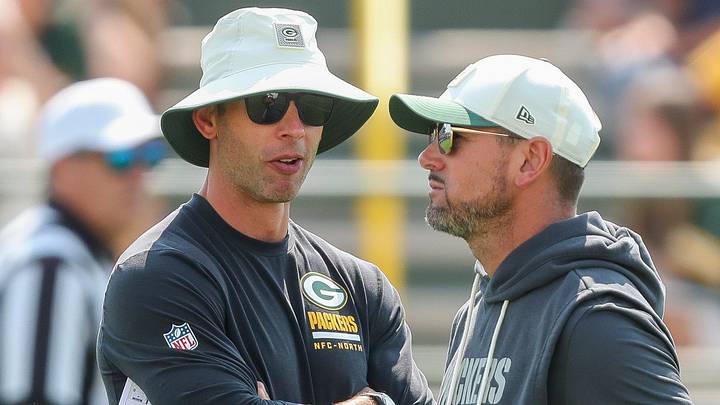 Green Bay Packers defensive coordinator Jonathan Gannon talks with head coach Matt LaFleur during practice on Tuesday, Aug. 4, 2026, at Ray Nitschke Field in Ashwaubenon, Wisconsin. 
Tork Mason/USA TODAY NETWORK-Wisconsin