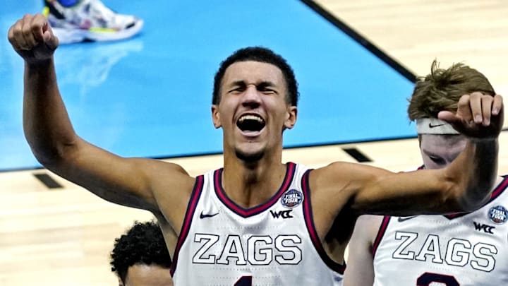 Apr 3, 2021; Indianapolis, Indiana, USA; Gonzaga Bulldogs guard Jalen Suggs (1) celebrate making the game winning shot against the UCLA Bruins in the national semifinals of the Final Four of the 2021 NCAA Tournament at Lucas Oil Stadium. Mandatory Credit: Robert Deutsch-Imagn Images