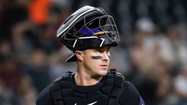 Aug 24, 2025; Phoenix, Arizona, USA; Arizona Diamondbacks catcher James McCann against the Cincinnati Reds at Chase Field. Mandatory Credit: Mark J. Rebilas-Imagn Images