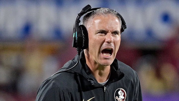 Sep 3, 2023; Orlando, Florida, USA; Florida State Seminoles head coach Mike Norvell is excited during the fourth quarter against the Louisiana State Tigers at Camping World Stadium. Mandatory Credit: Melina Myers-Imagn Images