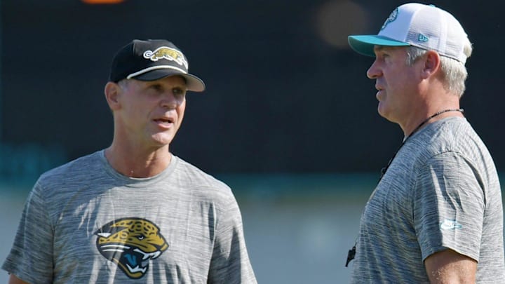 Jaguars general manager Trent Baalke talks with Jacksonville Jaguars head coach Doug Pederson on the field during the fourth day of the NFL football training camp practice session Saturday, July 27, 2024 at EverBank Stadium's Miller Electric Center in Jacksonville, Fla.