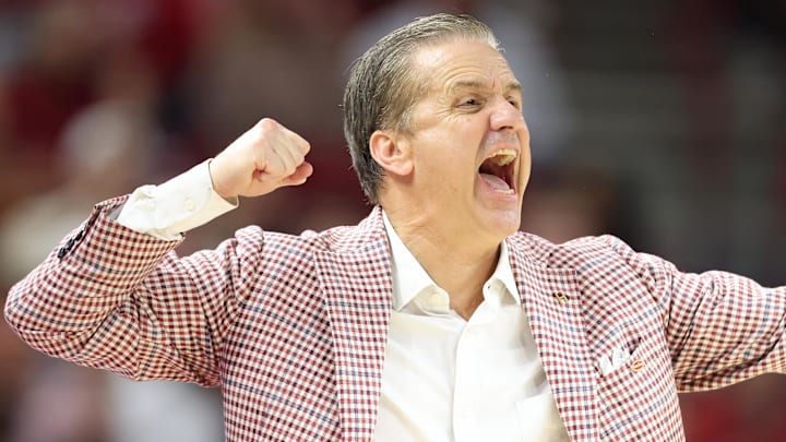 Arkansas Razorbacks coach John Calipari during the second half against the Texas Longhorns at Bud Walton Arena. Arkansas won 105-85. 