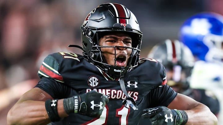 Nov 18, 2023; Columbia, South Carolina, USA; South Carolina Gamecocks defensive back Nick Emmanwori (21) celebrates a play against the Kentucky Wildcats in the second half at Williams-Brice Stadium. Mandatory Credit: Jeff Blake-Imagn Images Kentucky