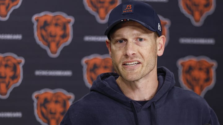Chicago Bears head coach Ben Johnson (R) speaks during the Rookie Minicamp at Halas Hall.