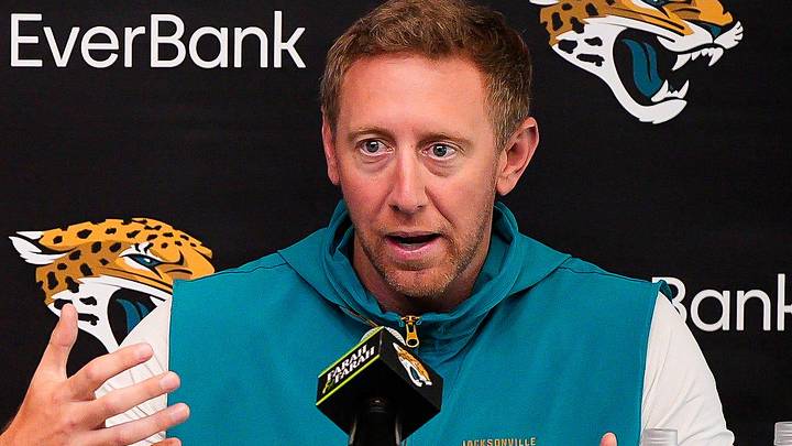 Jacksonville Jaguars head coach Liam Coen talked about the upcoming NFL draft during the annual pre-draft luncheon press conference in the media room at the Miller Electric Center Thursday April 9, 2026. [Doug Engle/Florida Times-Union]