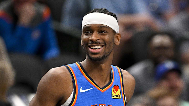 Mar 1, 2026; Dallas, Texas, USA; Oklahoma City Thunder guard Shai Gilgeous-Alexander (2) looks on during the game between the Mavericks and the Thunder at American Airlines Center. Mandatory Credit: Jerome Miron-Imagn Images