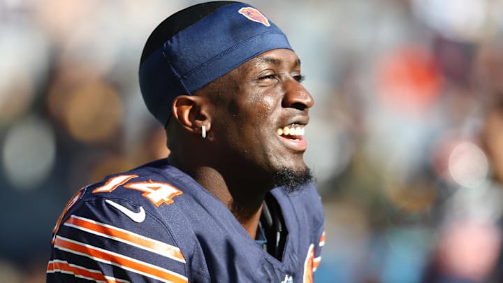 Nov 23, 2025; Chicago, Illinois, USA; Chicago Bears wide receiver Olamide Zaccheaus (14) practices before the game against the Pittsburgh Steelers at Soldier Field.