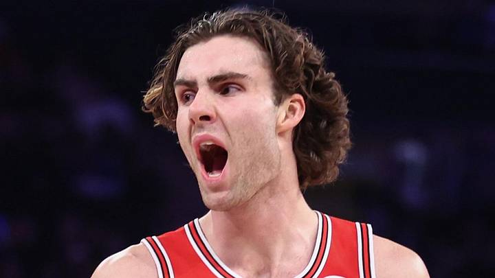 Apr 3, 2026; New York, New York, USA;  Chicago Bulls guard Josh Giddey (3) reacts to a call in the third quarter against the New York Knicks at Madison Square Garden. Mandatory Credit: Wendell Cruz-Imagn Images