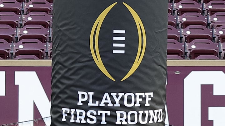 Dec 20, 2025; College Station, TX, USA; A detail view of College Football Playoffs logo on a goal post at Kyle Field prior to the game between the Miami Hurricanes and the Texas A&M Aggies. Mandatory Credit: Maria Lysaker-Imagn Images
