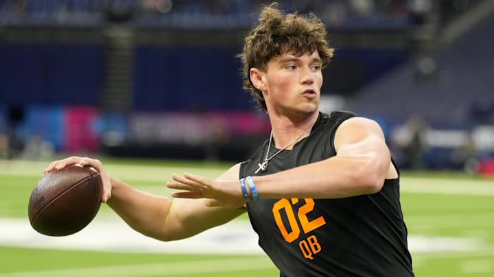 Feb 28, 2026; Indianapolis, IN, USA; Penn State quarterback Drew Allar (QB02) during the NFL Scouting Combine at Lucas Oil Stadium. Mandatory Credit: Kirby Lee-Imagn Images