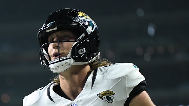 Dec 28, 2025; Indianapolis, Indiana, USA; Jacksonville Jaguars quarterback Trevor Lawrence (16) celebrates after a touchdown against the Indianapolis Colts during the first half at Lucas Oil Stadium. Mandatory Credit: Robert Goddin-Imagn Images