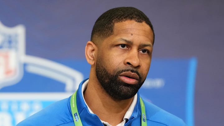 Feb 24, 2026; Indianapolis, IN, USA; Cleveland Browns general manager Andrew Berry speaks at the NFL Scouting Combine at the Indiana Convention Center. Mandatory Credit: Kirby Lee-Imagn Images