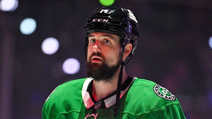 May 29, 2025; Dallas, Texas, USA; Dallas Stars left wing Jamie Benn (14) is introduced before the game against the Edmonton Oilers in game five of the Western Conference Final of the 2025 Stanley Cup Playoffs at American Airlines Center. Mandatory Credit: Jerome Miron-Imagn Images