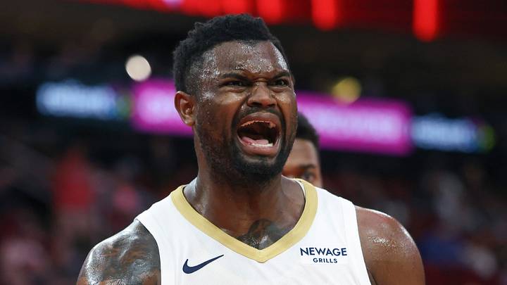 Mar 8, 2025; Houston, Texas, USA;  New Orleans Pelicans forward Zion Williamson (1) reacts after a call during the third quarter against the Houston Rockets at Toyota Center. Mandatory Credit: Troy Taormina-Imagn Images