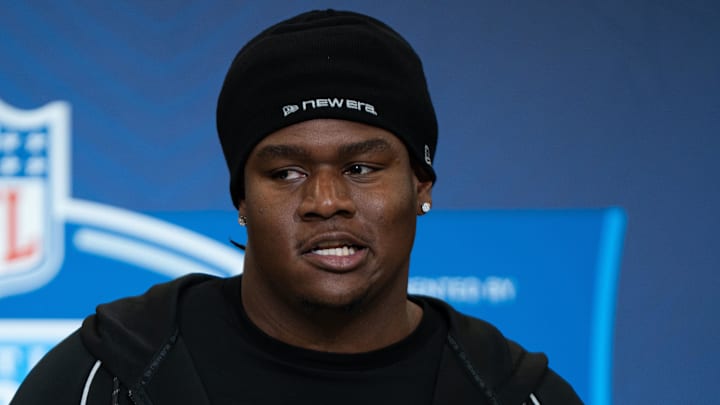 New Indianapolis Colts offensive lineman Jalen Farmer speaks to members of the media