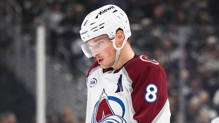 Apr 26, 2026; Los Angeles, California, USA; Colorado Avalanche defenseman Cale Makar (8) skates after scoring during the second period in game four of the first round of the 2026 Stanley Cup Playoffs against the Los Angeles Kings at Crypto.com Arena. Mandatory Credit: William Liang-Imagn Images