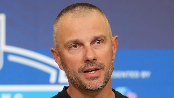 Feb 24, 2026; Indianapolis, IN, USA; Las Vegas Raiders general manager John Spytek speaks at the NFL Scouting Combine at the Indiana Convention Center. Mandatory Credit: Kirby Lee-Imagn Images