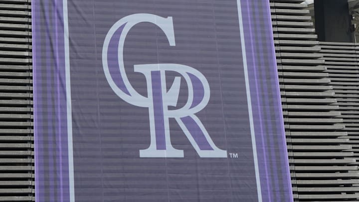Apr 26, 2024; Mexico City, Mexico;  A banner with the Colorado Rockies logo at Estadio Alfredo Harp Helu. 