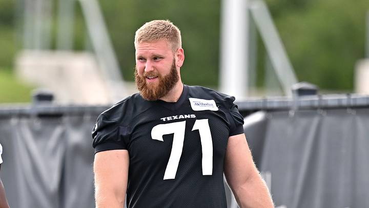 Jun 9, 2026; Houston, Texas, USA; Houston Texans linebacker Azeez al-Shaair, left, and offensive tackle Braden Smith, right, arrive for the team’s minicamp at Houston Methodist Training Center. Mandatory Credit: Maria Lysaker-Imagn Images