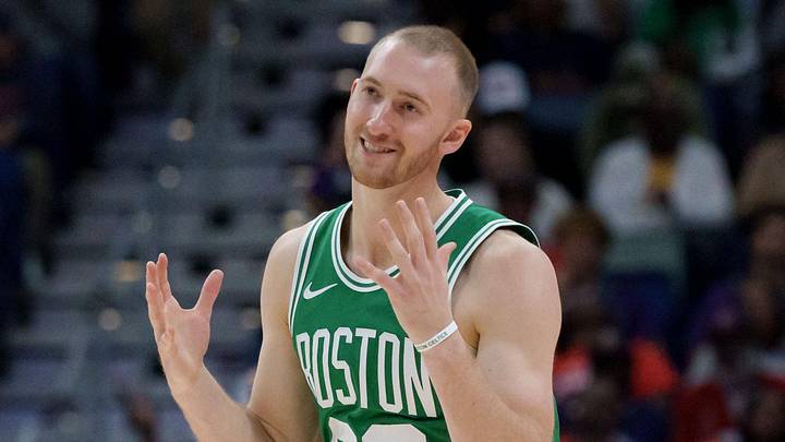 Oct 27, 2025; New Orleans, Louisiana, USA; Boston Celtics forward Sam Hauser (30) reacts after making a three point basket against the New Orleans Pelicans during the second half at Smoothie King Center. Mandatory Credit: Matthew Hinton-Imagn Images