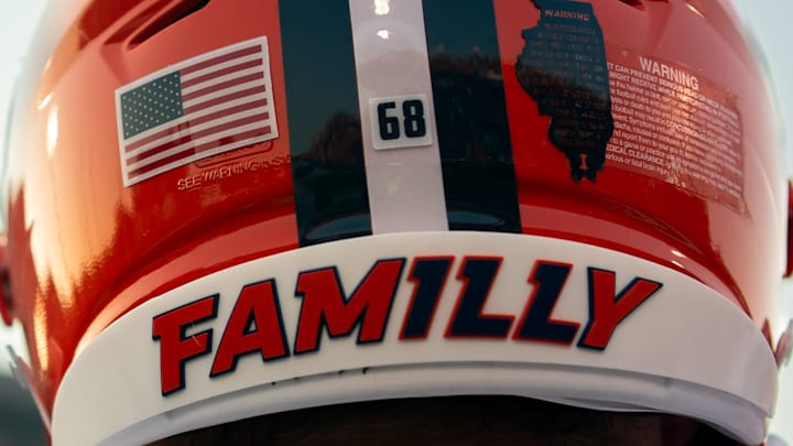 Sep 8, 2023; Lawrence, Kansas, USA; A general view of the helmet worn by Illinois Fighting Illini offensive lineman Zachary Barlev (68) during the first half against the Kansas Jayhawks at David Booth Kansas Memorial Stadium. Mandatory Credit: Jay Biggerstaff-Imagn Images